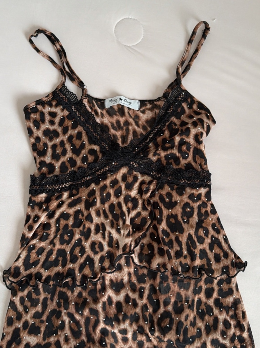 Daisy Leopard Print Cami with Black Lace Trim